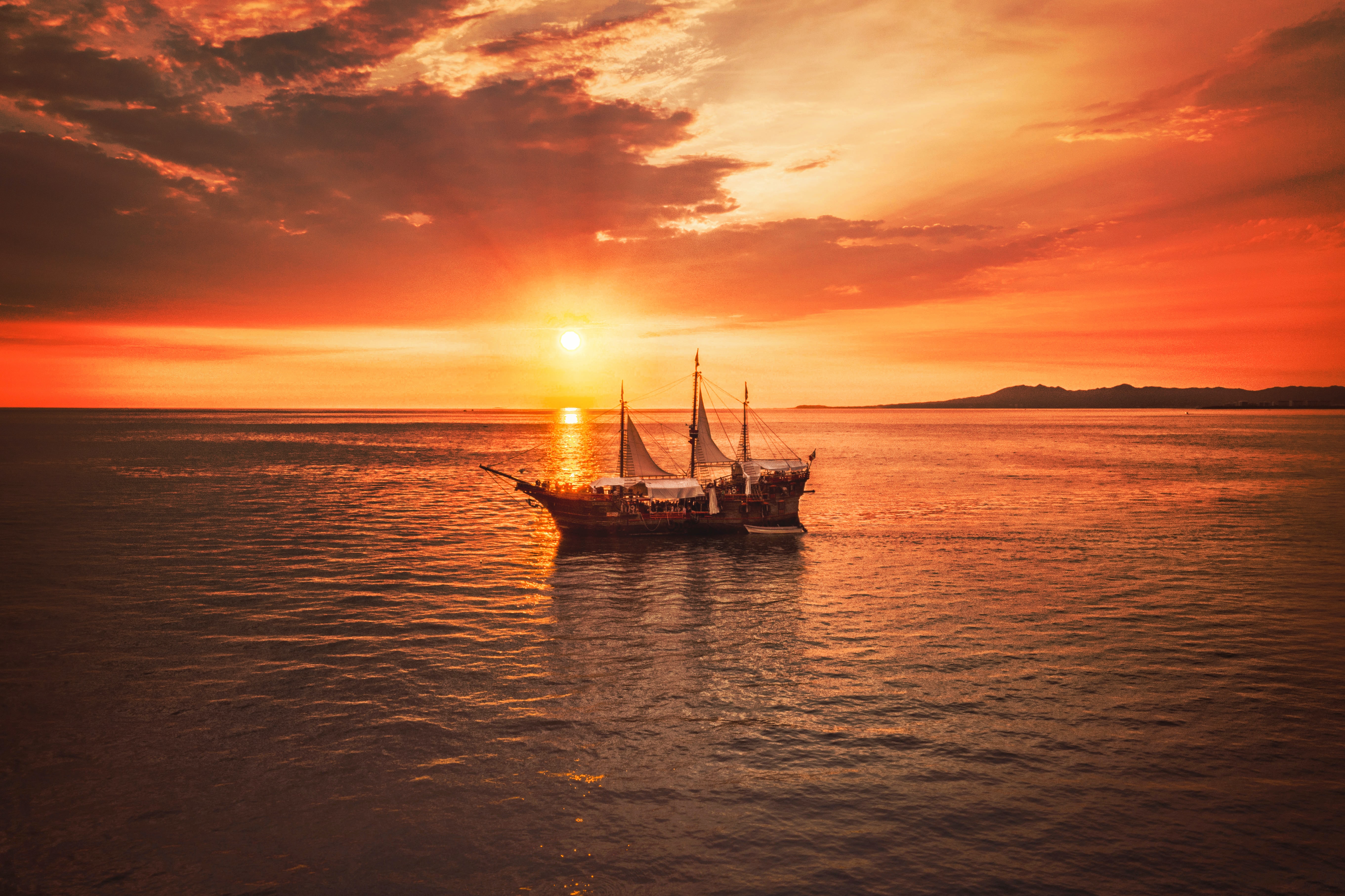 Old pirate ship of the Caribbean sailing on the water